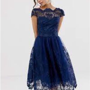 Chi Chi London Navy Blue  Cap Sleeve Tea Dress Size 14